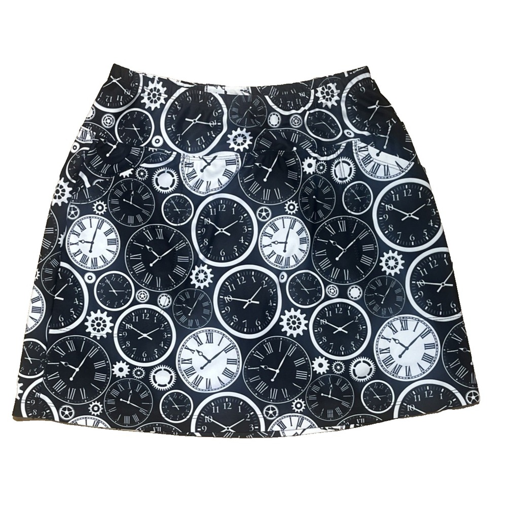 B Skinz Skort Athletic Skirt Womens M Pockets Above Knee Black CLOCK Print NEW